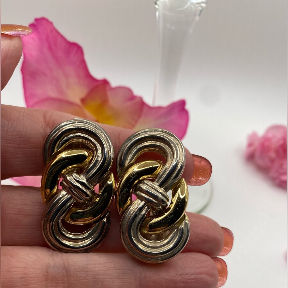 Givenchy Modernist Gold and Silver Plated Love Knot Clip Earrings Vintage